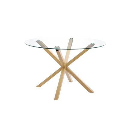 Mesa de comedor redonda de cristal de 110 cm con patas metálicas color cambrian