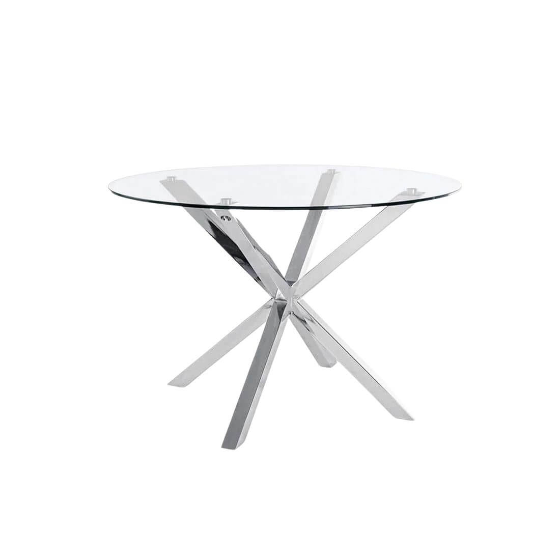 Mesa comedor redonda cristal de 110 cm con patas metálicas cromadas