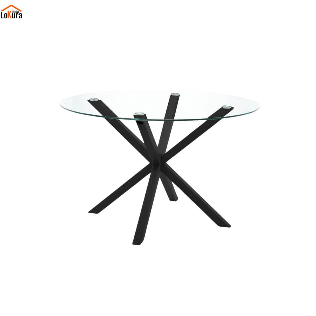 Mesa de comedor redonda de cristal Bolton de 110 cm con patas negras cruzadas
