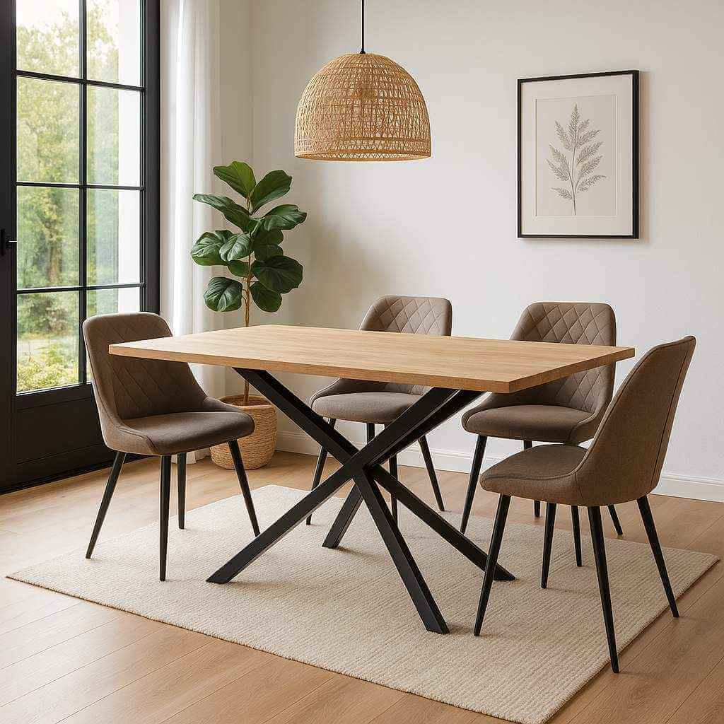 Mesa de comedor patas cruzadas Praga colocada en un comedor moderno con decoración luminosa