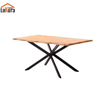 Mesa de comedor patas cruzadas Praga en roble y metal negro