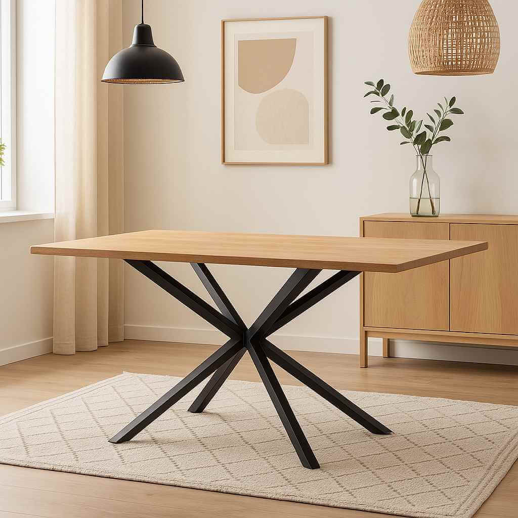 Mesa de comedor Praga en salón moderno con luz natural y estilo minimalista