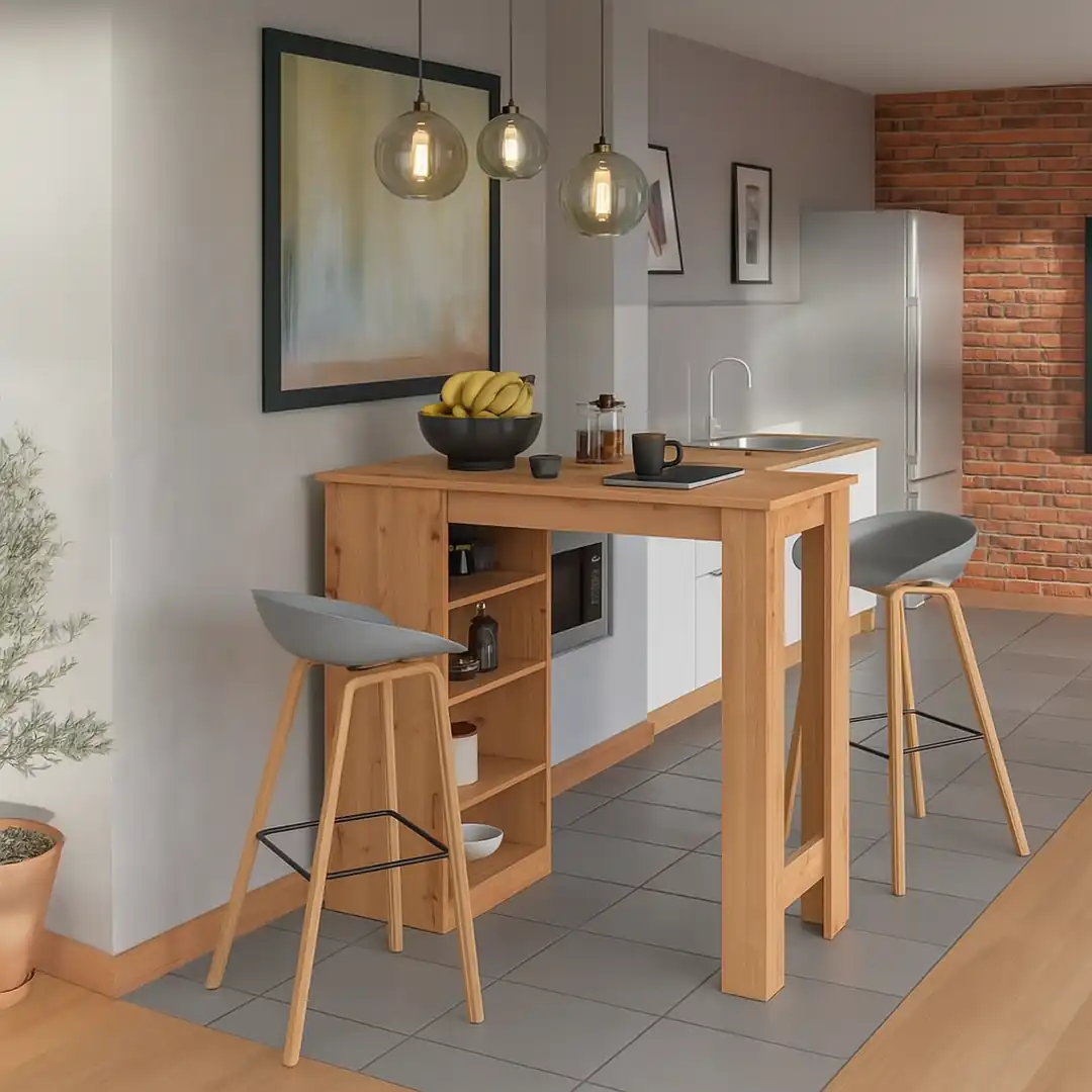 Mesa tipo barra de madera clara en cocina moderna e iluminada de Canarias