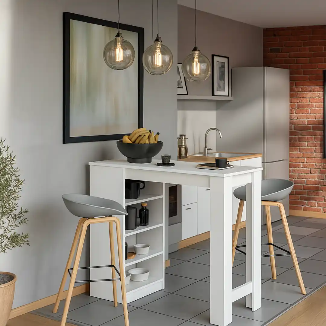 Mesa tipo barra de madera blanca con estantes en cocina moderna de Canarias