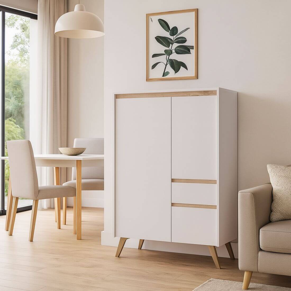 Mueble bodeguero blanco Longue en comedor moderno iluminado, ideal para hogares en Canarias