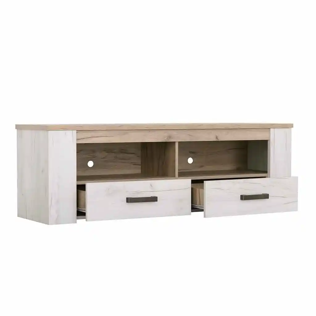 Mueble TV de 150 cm Kent con cajones abiertos y huecos para dispositivos