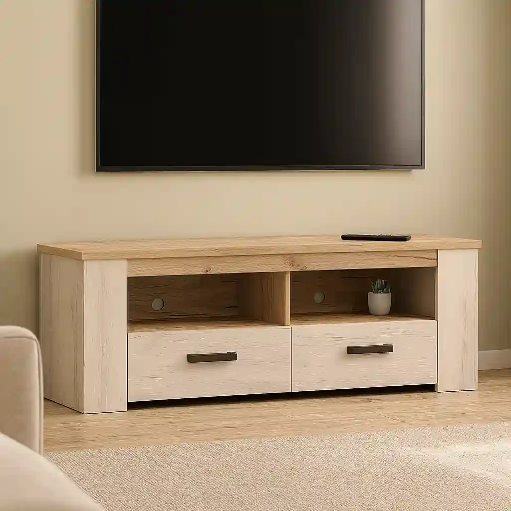 Mueble TV de 150 cm Kent en madera en salón moderno y luminoso