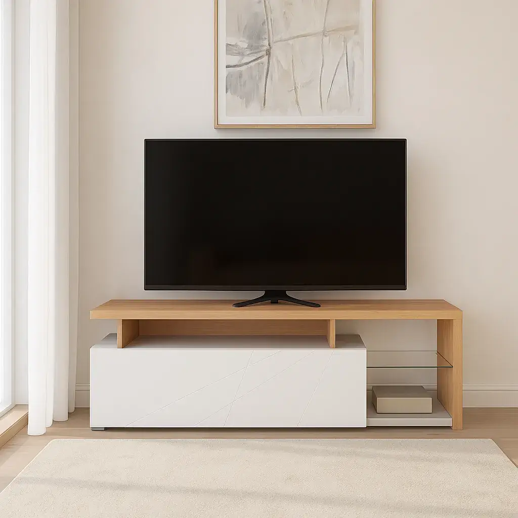 Mueble TV nórdico blanco madera roble 170cm con televisor en salón moderno