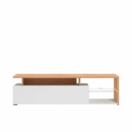 Vista frontal del mueble TV nórdico blanco y roble 170cm con puerta abatible y balda de cristal