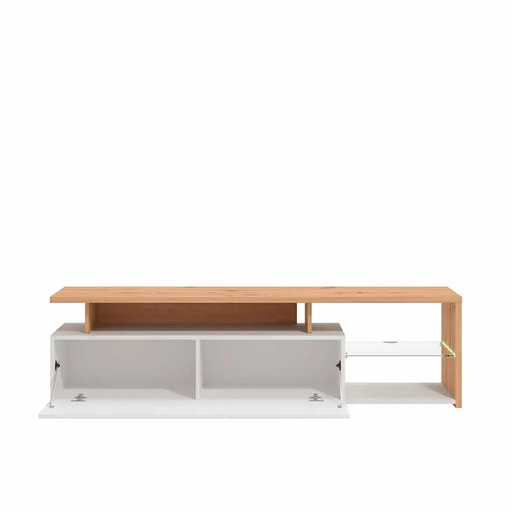 Mueble TV nórdico blanco y roble 170cm con puerta abatible abierta y balda de cristal