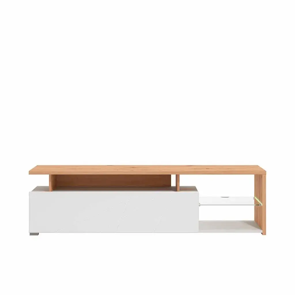 Vista frontal del mueble TV nórdico blanco y roble 170cm con puerta abatible y balda de cristal