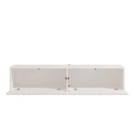 Mueble TV suspendido madera blanco Antibes con puertas abiertas y gran capacidad de almacenaje
