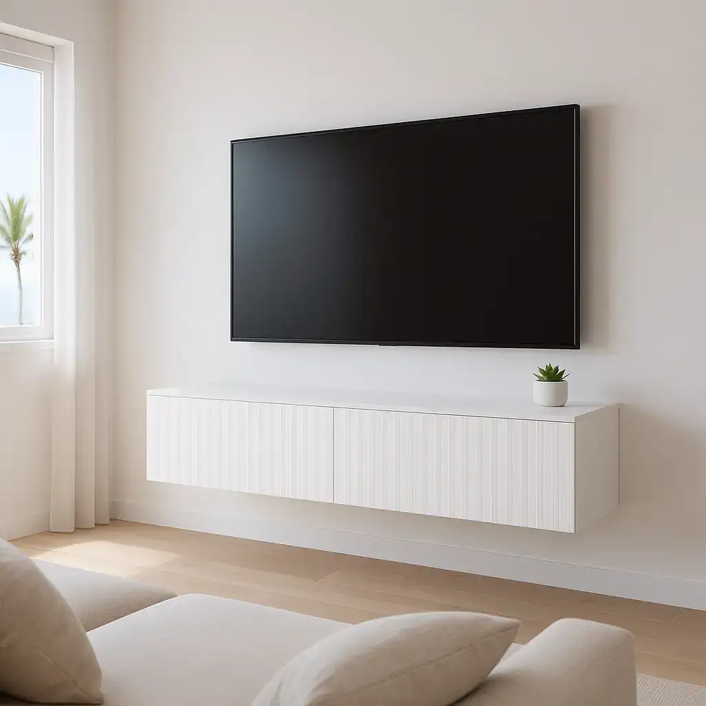 Mueble TV suspendido madera blanco Antibes en salón moderno con luz natural en Canarias