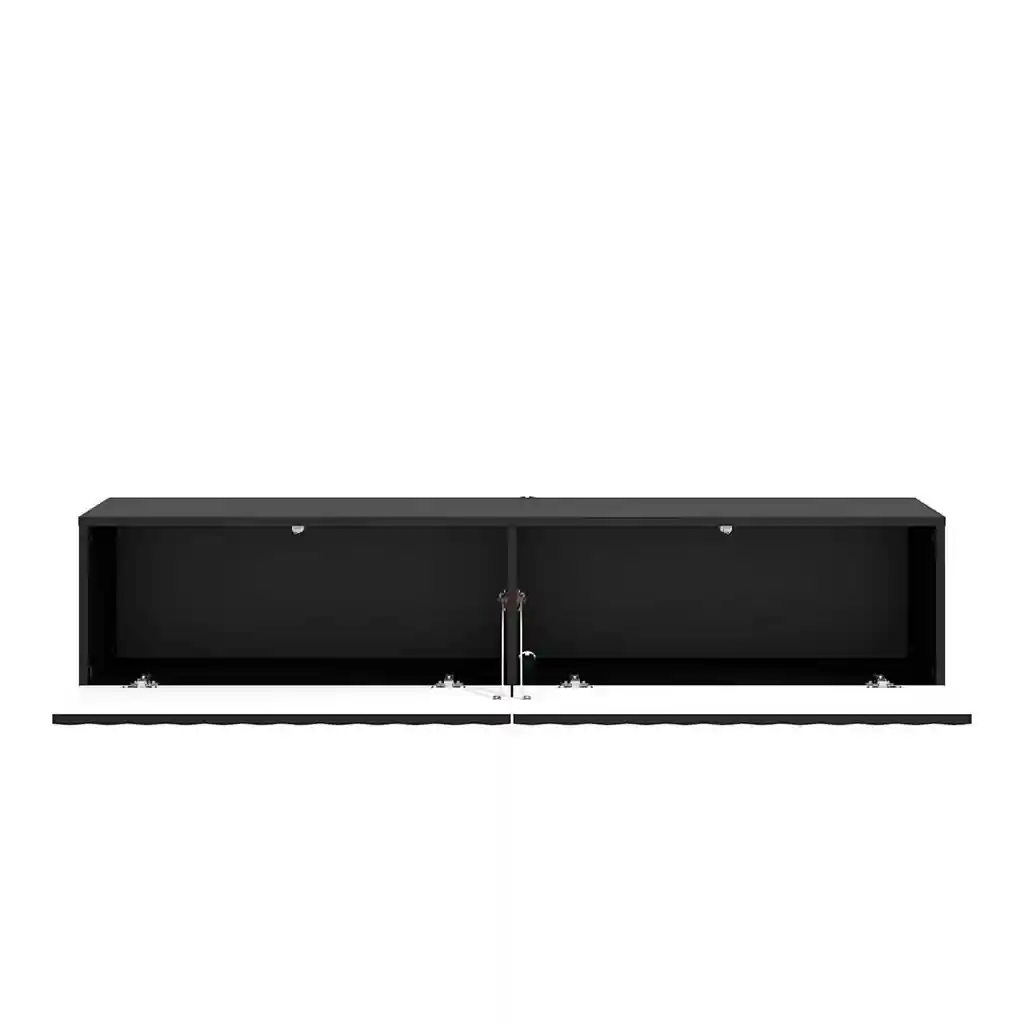 Mueble TV suspendido madera negro Antibes con puertas abiertas y espacio interior visible