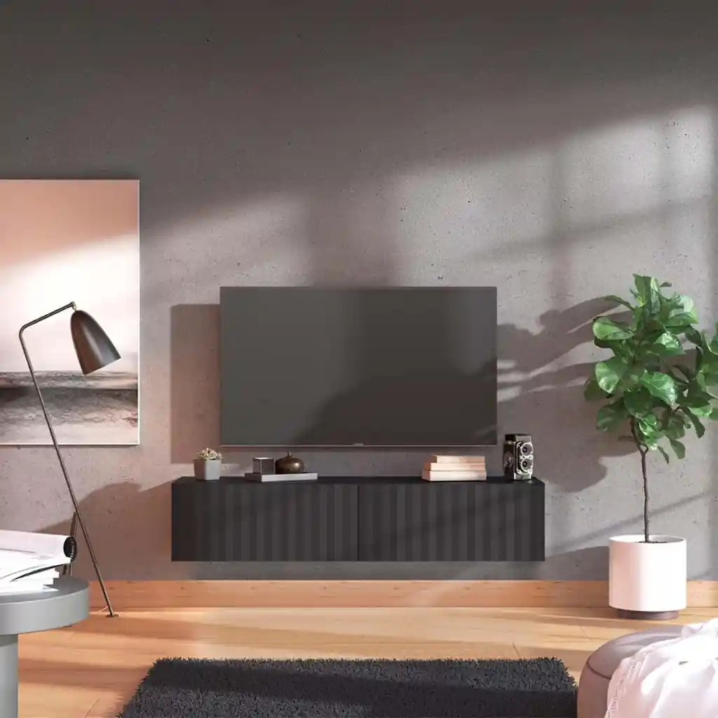 Mueble TV suspendido madera negro Antibes en salón minimalista con televisor y decoración moderna en Canarias