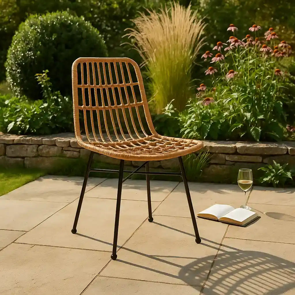 Silla ratán patas metálicas en jardín moderno, ideal para exterior y momentos de relax al aire libre