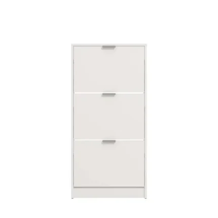 Zapatero estrecho madera blanco frontal 3 trampones para 18 pares