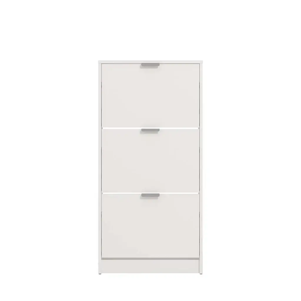 Zapatero estrecho madera blanco frontal 3 trampones para 18 pares