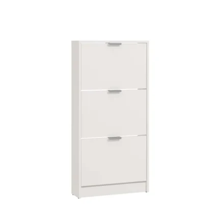 Zapatero estrecho madera blanco vista lateral con 3 trampones