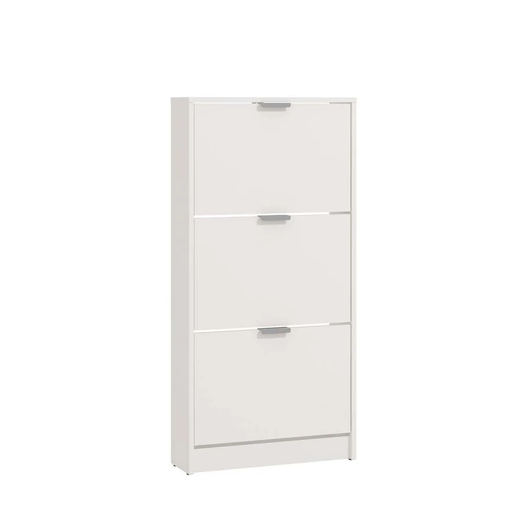 Zapatero estrecho madera blanco vista lateral con 3 trampones
