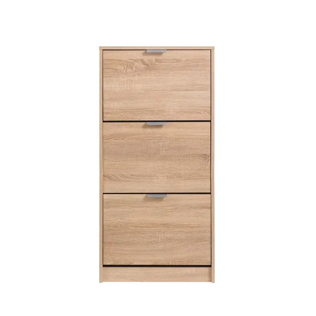 Zapatero estrecho madera color roble con 3 trampones, ideal para entradas estrechas