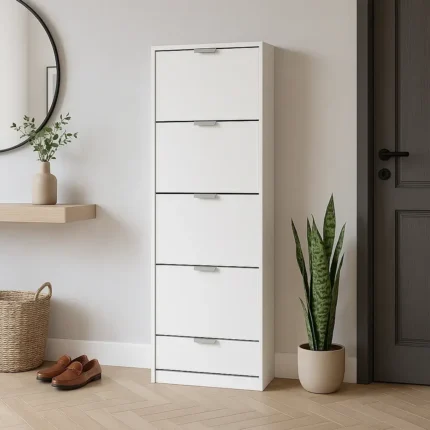 Zapatero vertical de madera blanco en entrada moderna minimalista Zapatero vertical de madera blanco en entrada moderna minimalista Zapatero vertical de madera blanco en entrada moderna minimalista