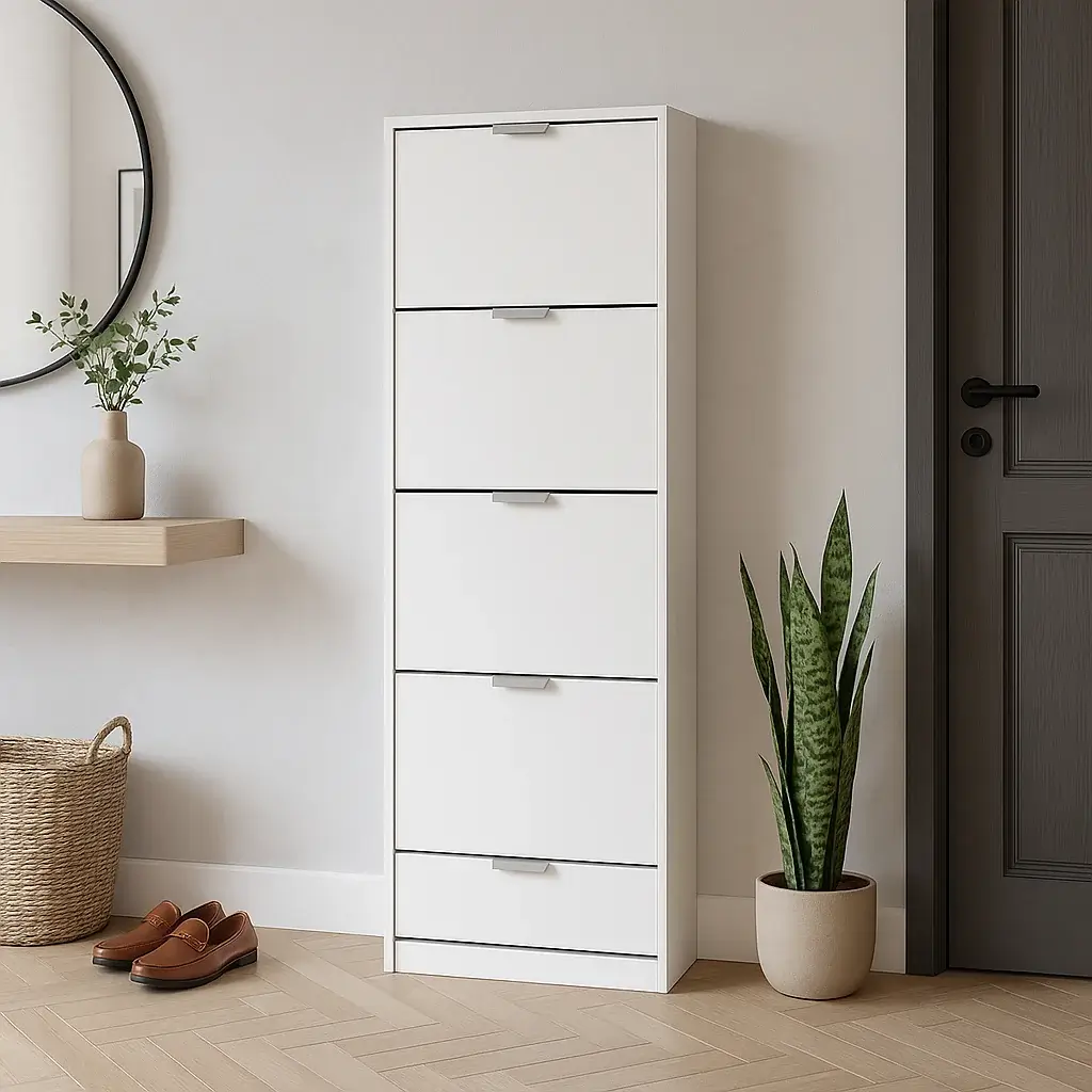 Zapatero vertical de madera blanco en entrada moderna minimalista Zapatero vertical de madera blanco en entrada moderna minimalista Zapatero vertical de madera blanco en entrada moderna minimalista