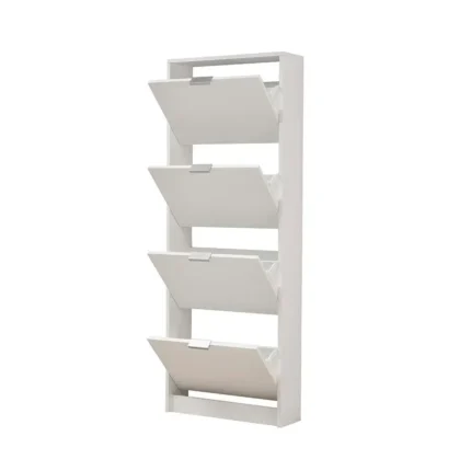 Zapatero vertical de madera blanco con trampones abiertos para fácil acceso