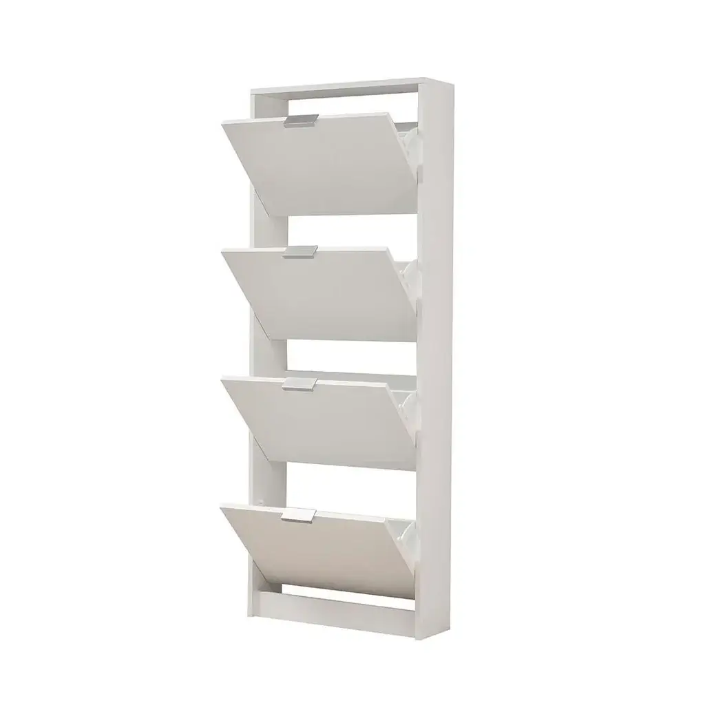 Zapatero vertical de madera blanco con trampones abiertos para fácil acceso