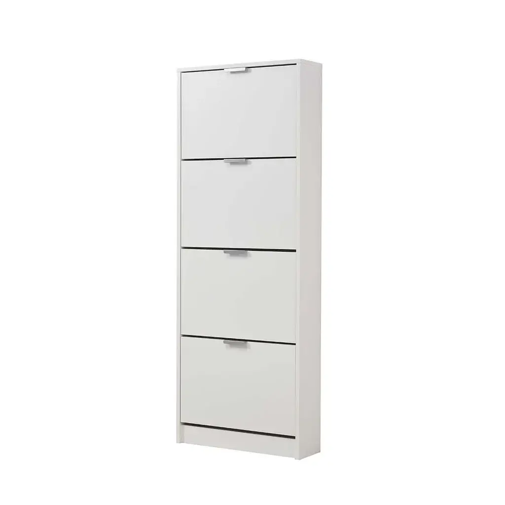 Zapatero vertical de madera blanco con 4 trampones y diseño estrecho