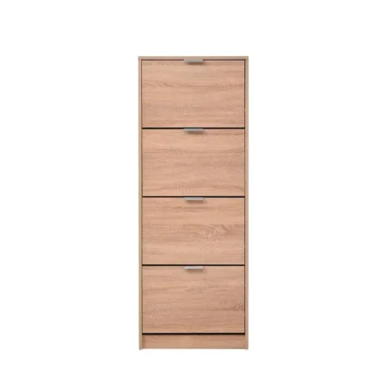 Zapatero vertical de madera roble cerrado con diseño compacto de 4 trampones