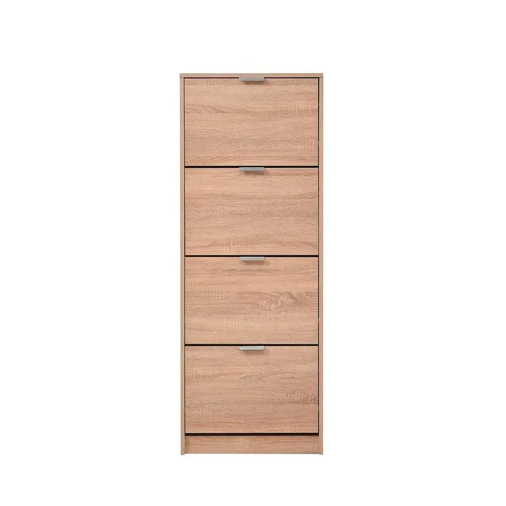 Zapatero vertical de madera roble cerrado con diseño compacto de 4 trampones