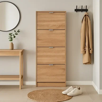 Zapatero vertical de madera roble en entrada moderna luminosa y funcional