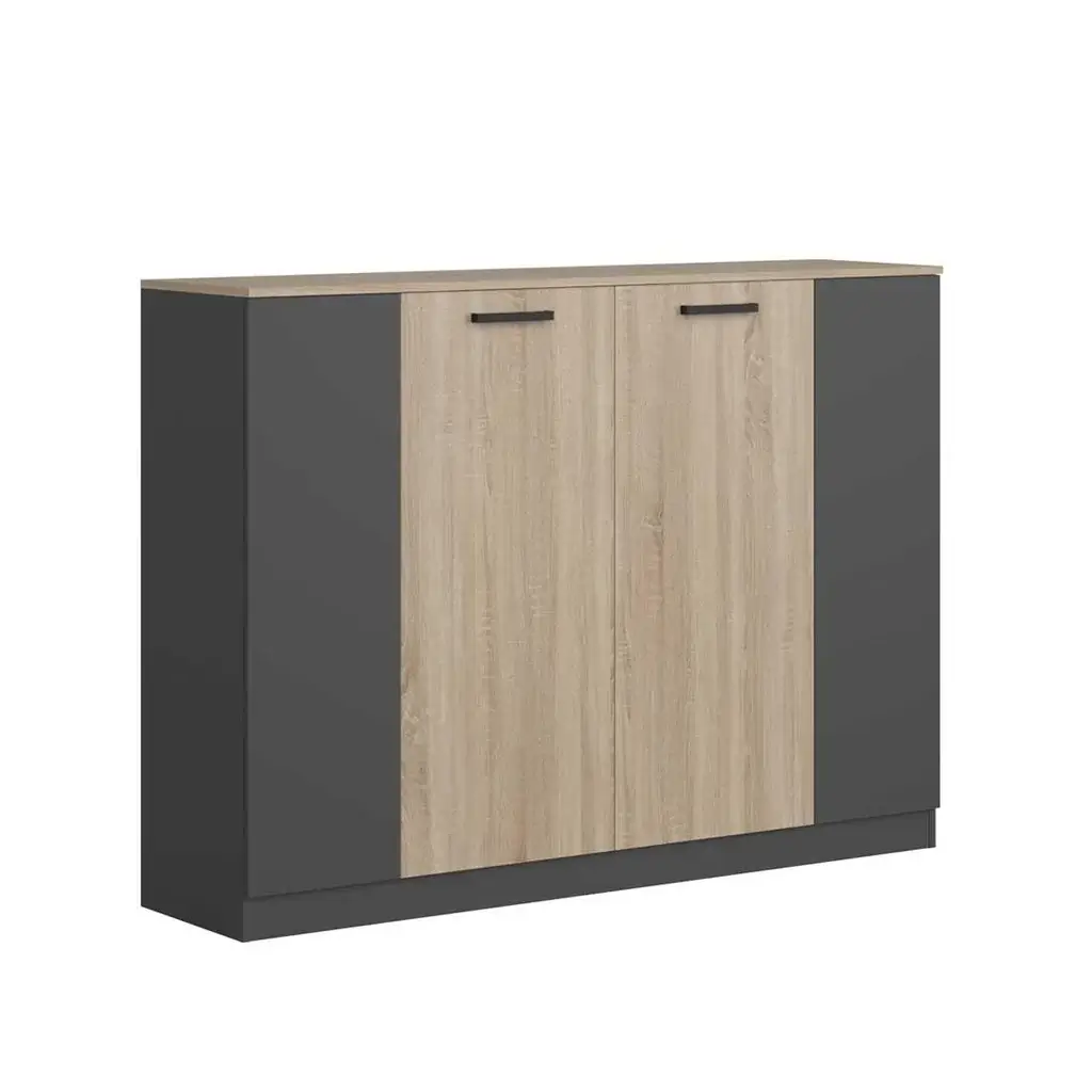 Mueble bajo de oficina 160x40x117 cm acabado cambrian con paneles antracita y cuatro puertas para almacenaje.