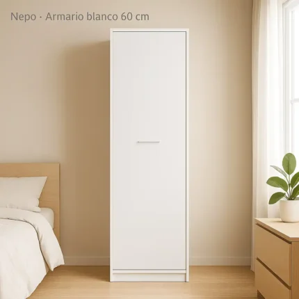 Armario blanco 60 cm ancho Nepo en dormitorio iluminado, 1 puerta y tirador metálico, estilo minimalista