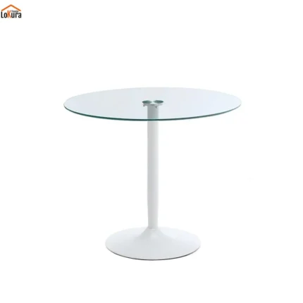Mesa comedor pie central Ikon 90 cm, cristal templado y base de pie central en color blanco