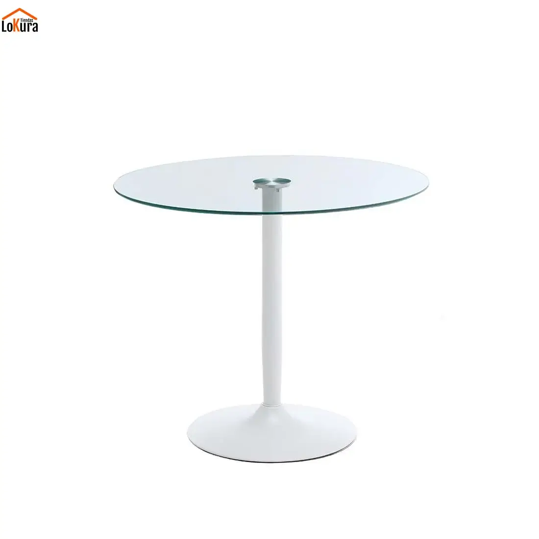 Mesa comedor pie central Ikon 90 cm, cristal templado y base de pie central en color blanco