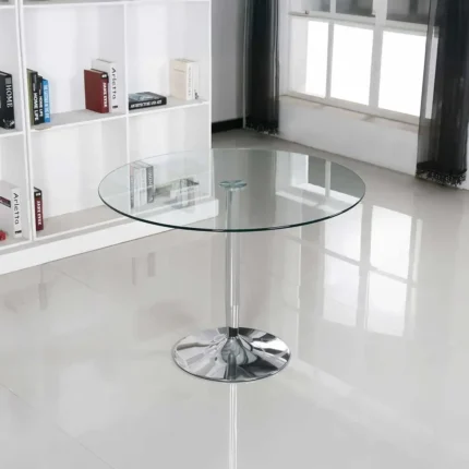Mesa comedor pie central Ikon 90 cm, cristal templado y base de pie central en cromo