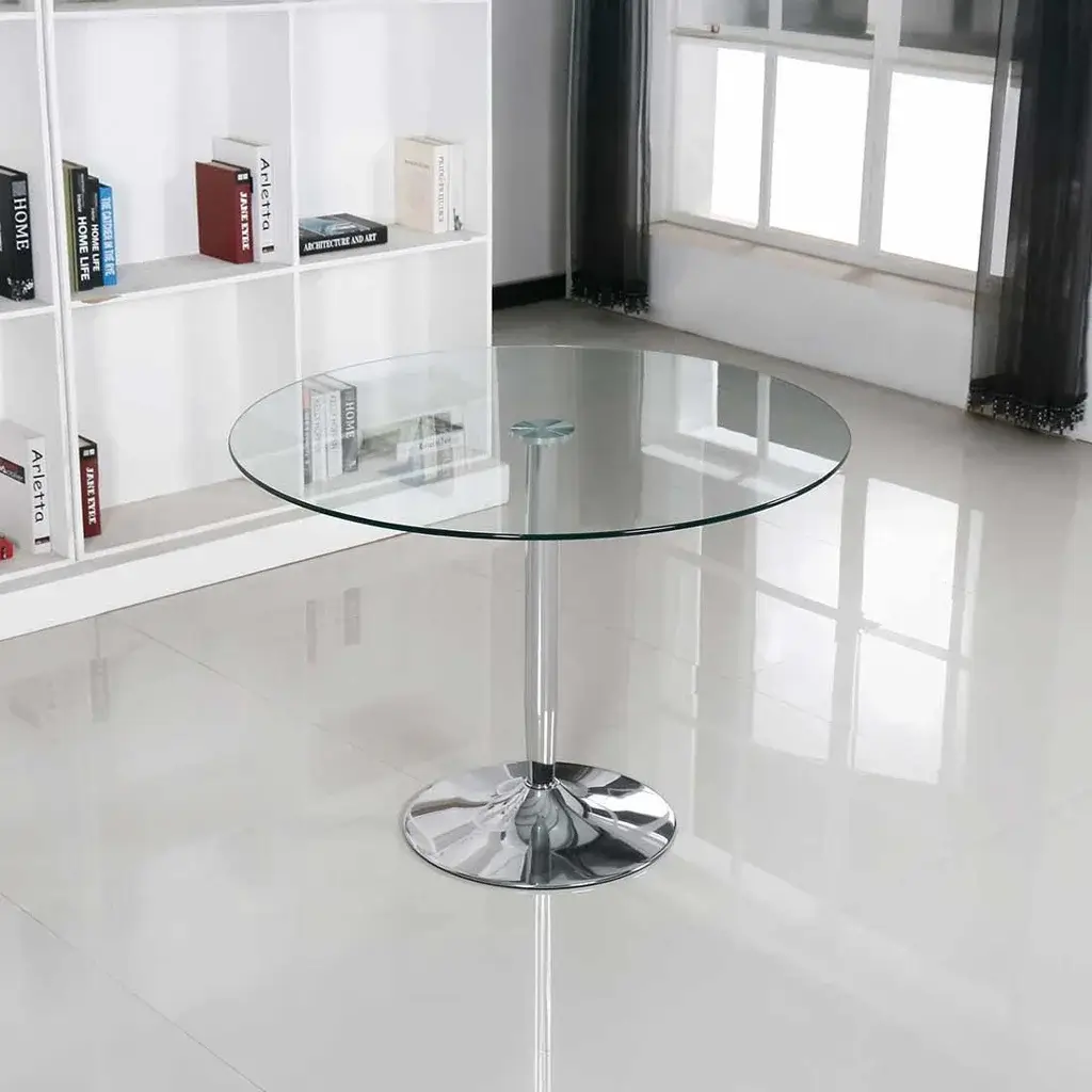 Mesa comedor pie central Ikon 90 cm, cristal templado y base de pie central en cromo