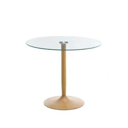 Mesa comedor pie central Ikon 90 cm, cristal templado y base de pie central acabado roble