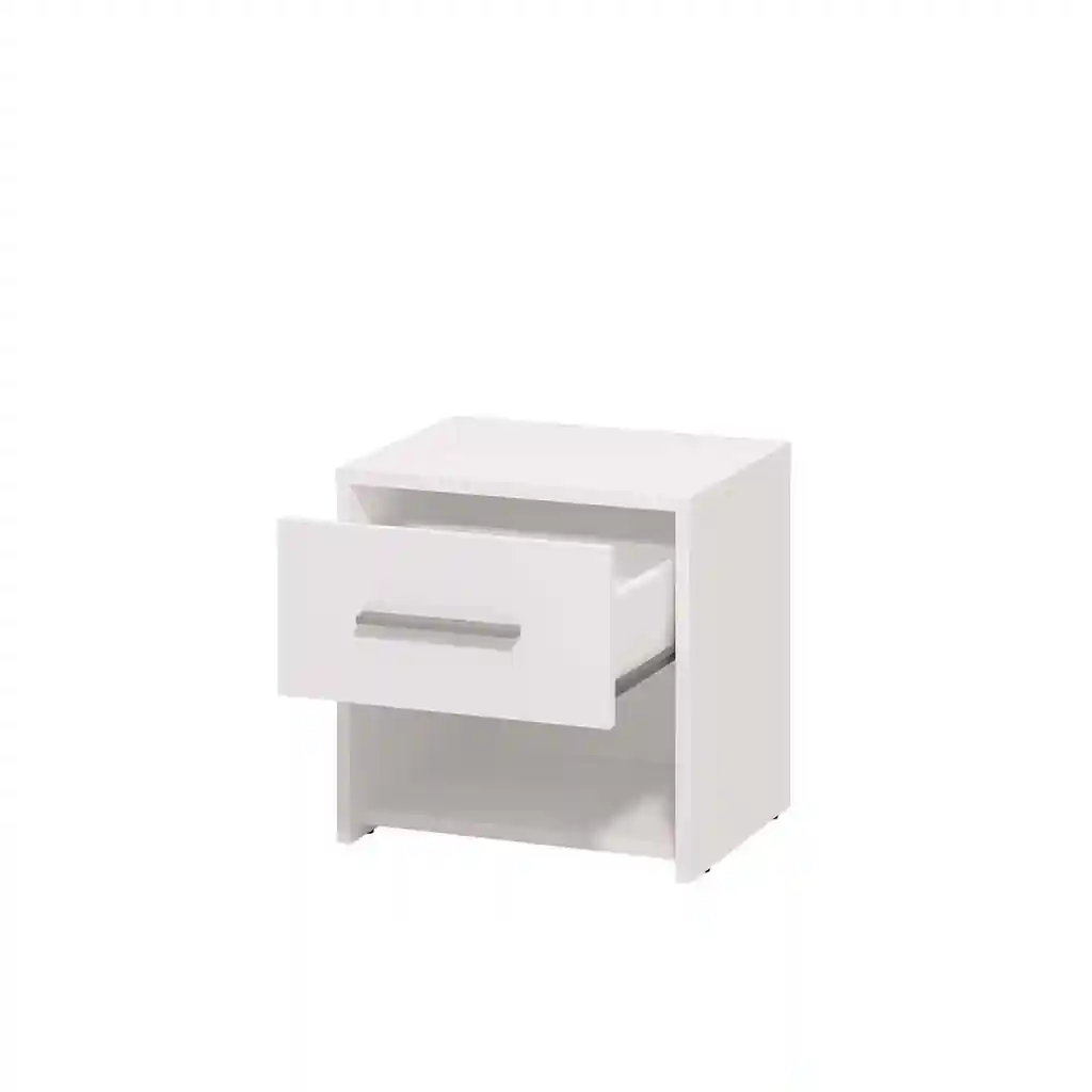 Mesita de noche moderna Garona blanca con cajón abierto y hueco inferior 42×33×42 cm
