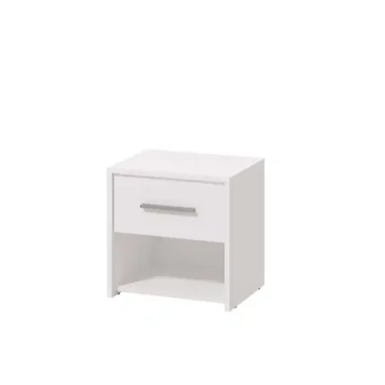Mesita de noche moderna Garona blanca en perspectiva, con cajón y hueco 42×33×42 cm