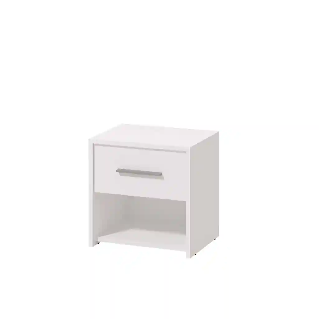 Mesita de noche moderna Garona blanca en perspectiva, con cajón y hueco 42×33×42 cm