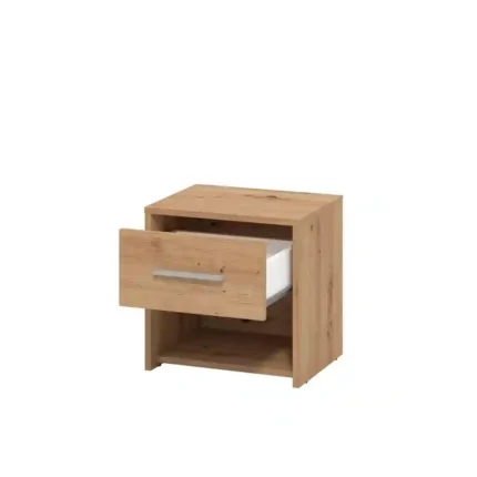 Mesita de noche moderna Garona madera con cajón abierto y hueco inferior 42×33×42 cm