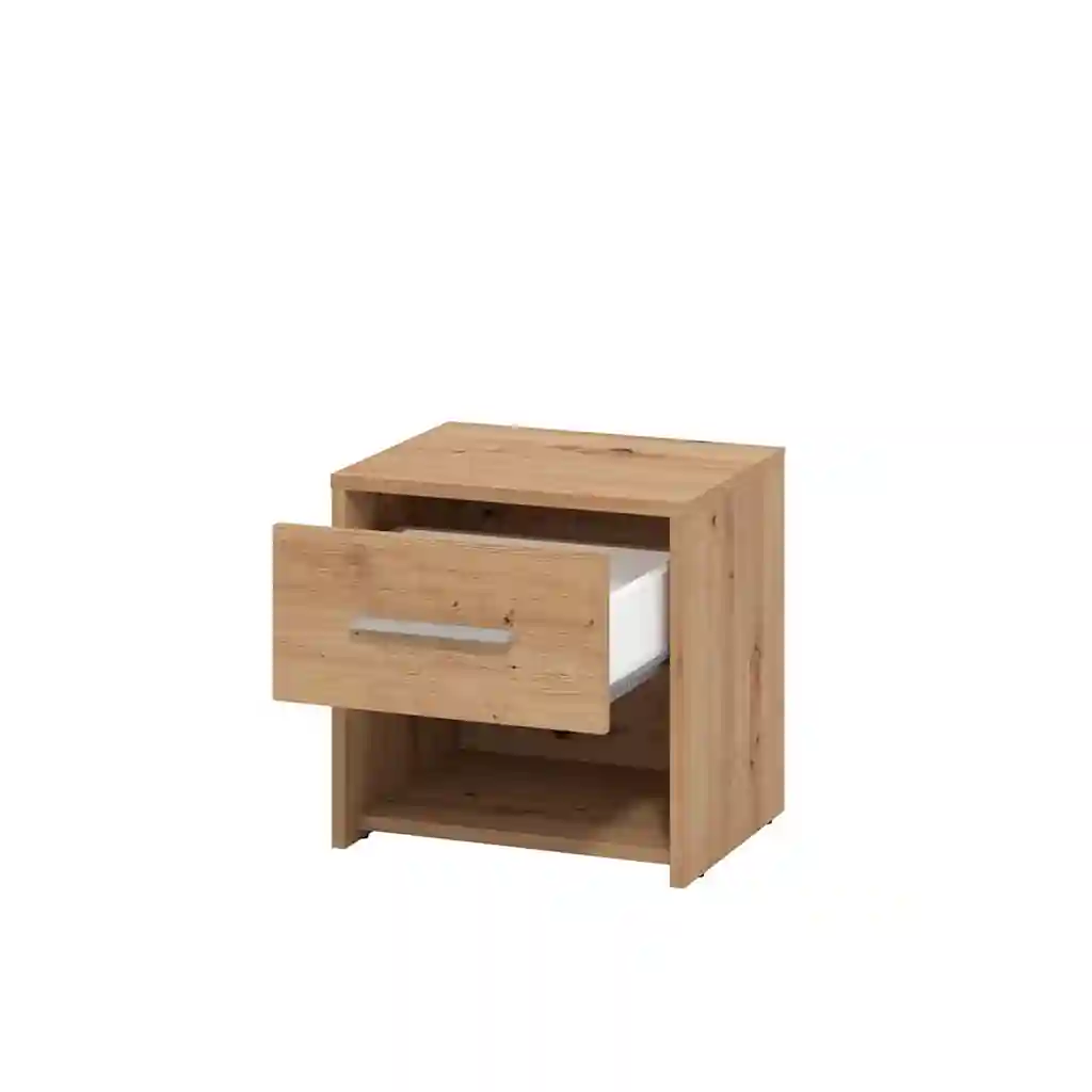 Mesita de noche moderna Garona madera con cajón abierto y hueco inferior 42×33×42 cm