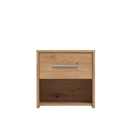 Mesita de noche moderna Garona en madera artisan, vista frontal, con cajón y hueco 42×33×42 cm