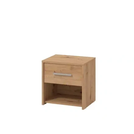Mesita de noche moderna Garona en madera artisan, vista en perspectiva con cajón y hueco 42×33×42 cm