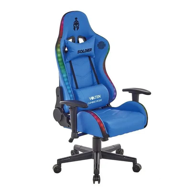 Silla con luces gamer azul RGB Soldier Volten en Canarias, ergonómica con base y ruedas de nylon
