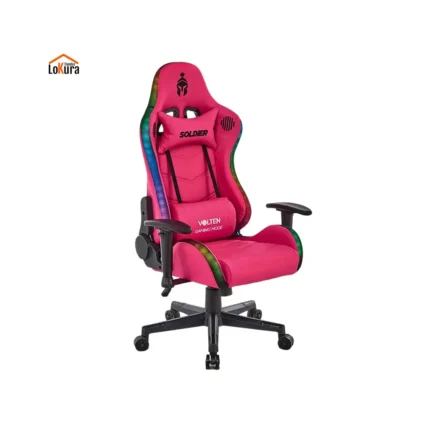 Silla con luces gamer rosa RGB Soldier Volten en Canarias, respaldo reclinable y reposabrazos ajustables