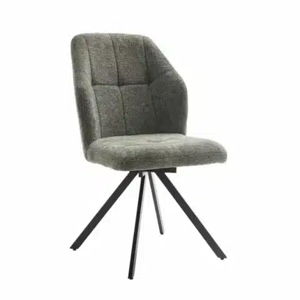 Silla giratoria de comedor verde oliva con diseño moderno, base de metal y respaldo capitoné